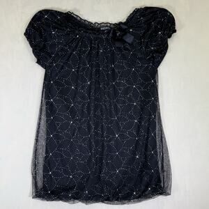 Girls L 10-12GEORGE Black & Silver Sparkle Dots Sheer Sleeves Bow Dress Preowned